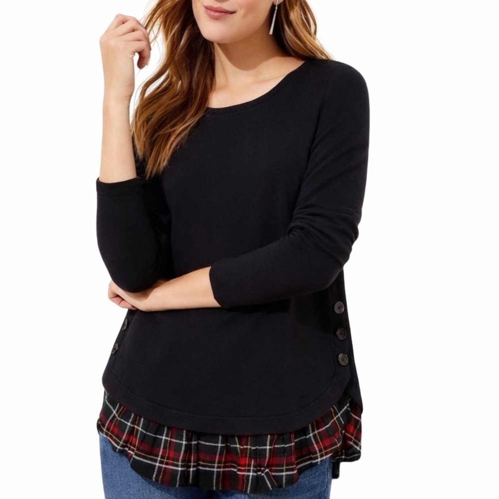 LOFT Black Button-Detail Top with Plaid Hem Small